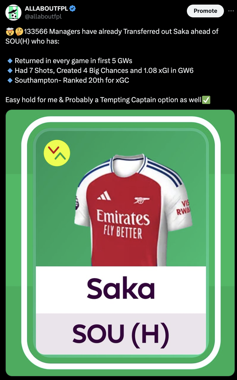 FPL GW7 Captaincy - Saka?